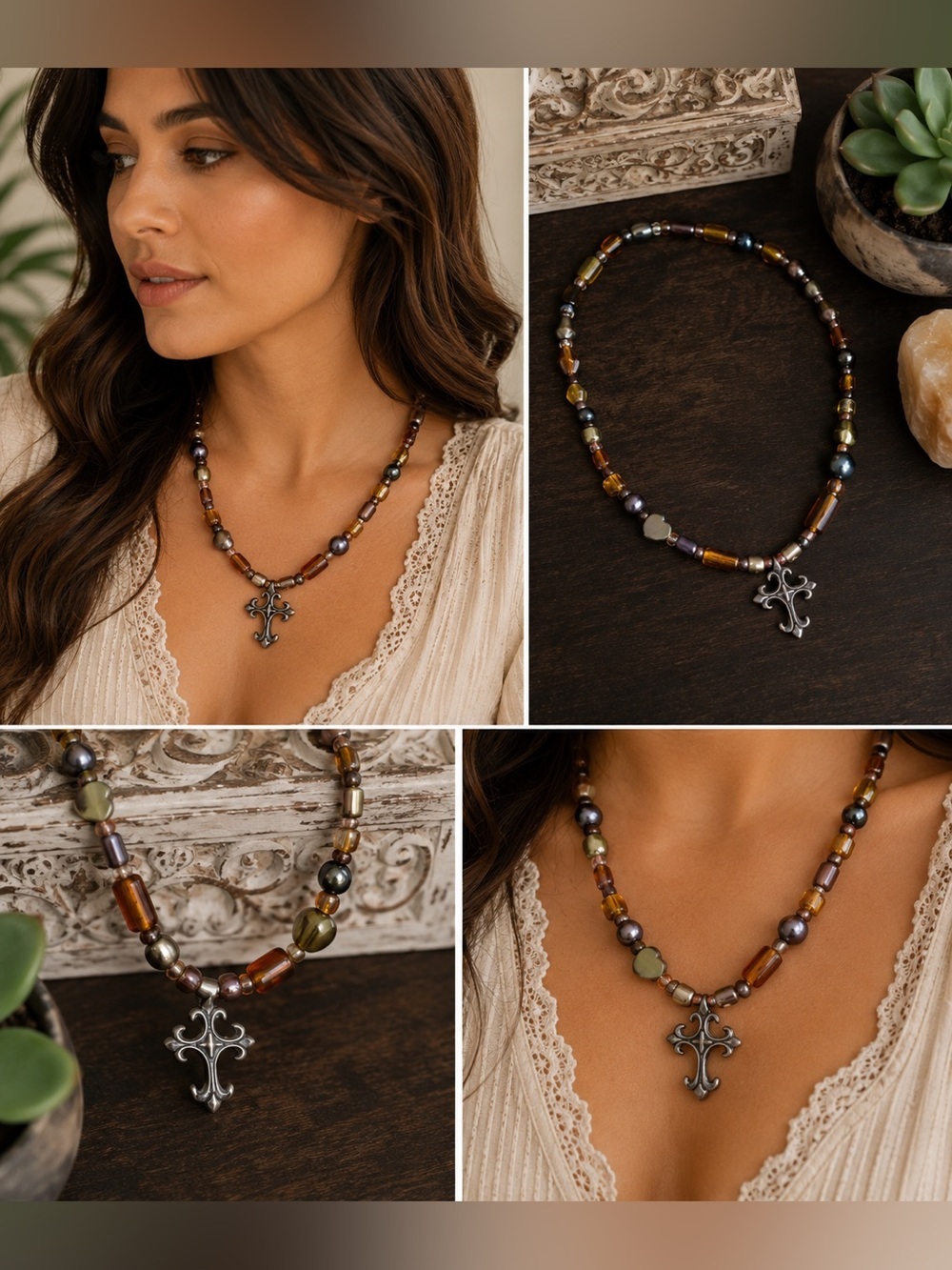 Earthy Beaded Cross Necklace | Boho Religious Pendant | Statement Jewelry